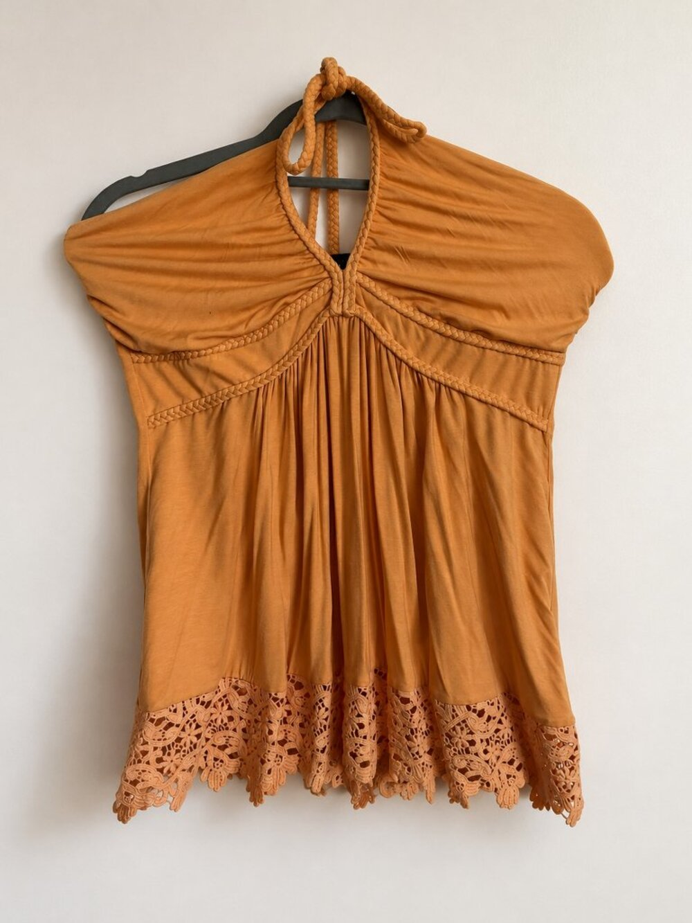 Orange Braided Halter Lace Hem Top